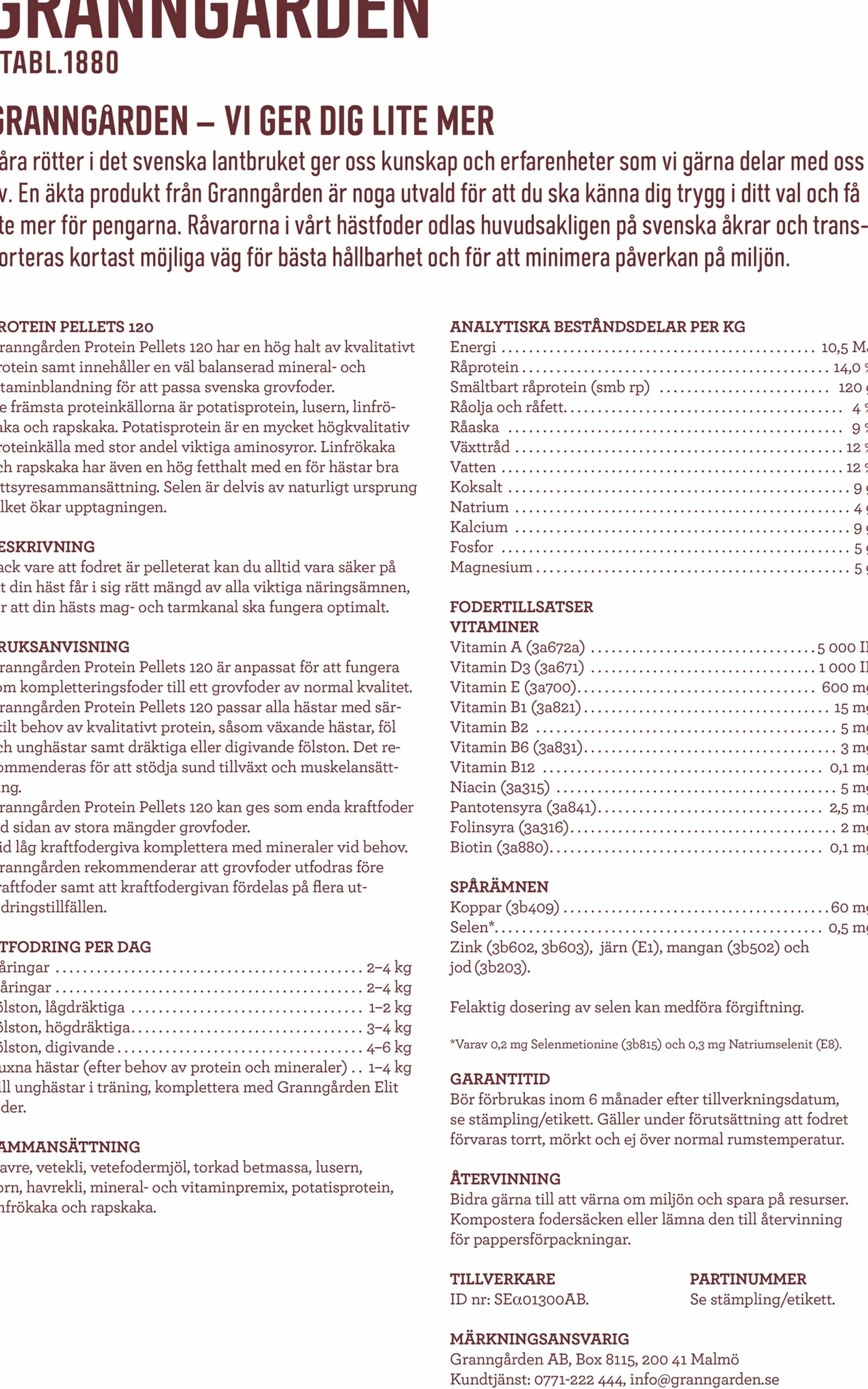 Hästfoder Granngården Protein Pellets 120 20kg