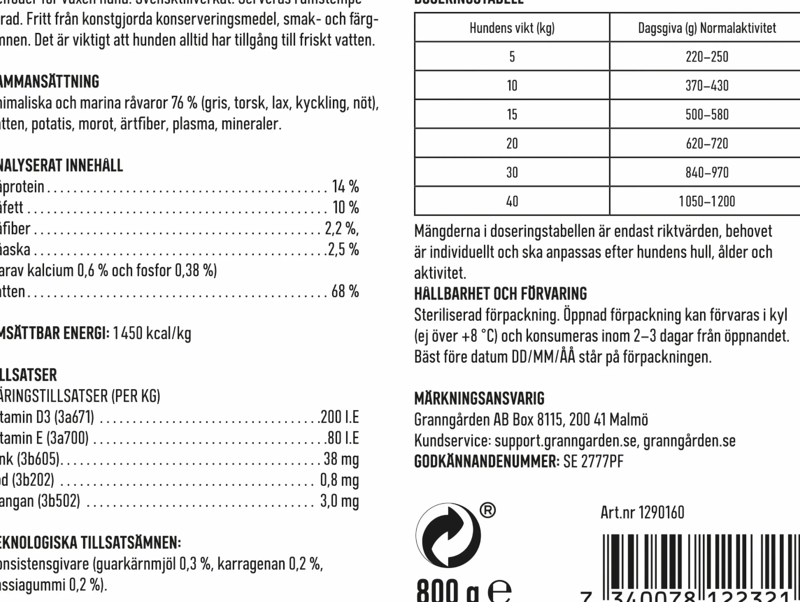 Våtfoder Granngården Köttkorv Fisk/Potatis 800g